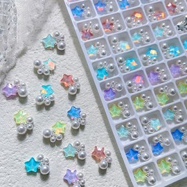 3D Macaron Star Nail Charms for Acrylic Nails, 6 Colors Pentagram Pearl Star Nail Rhinestones Mocha Star Charms for Nails Crystal Stars Rhinestones for Nails Kawaii Star Nail Gems Women Nail Supplies