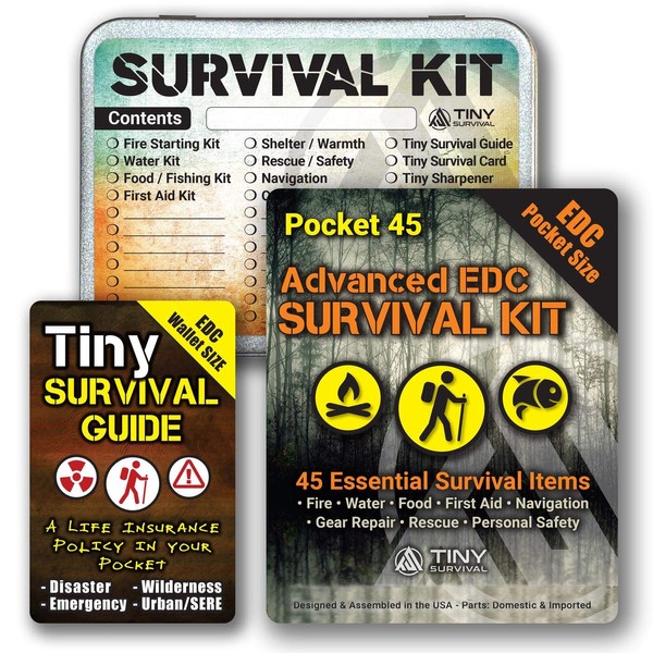 DIY - Ultimate EDC Advanced Pocket Survival Kit: 49-in-1 Build Bundle: Pocket 45 Kit + Tiny Survival Guide + Survival Tin Kit/Do-It-Yourself Emergency, Disaster Kit - Great Gift!