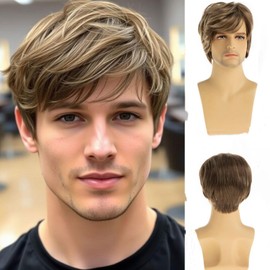 Dsimeig Men's Brown Blonde Wig Short Layer Straight Cosplay Synthetic Hair Wig