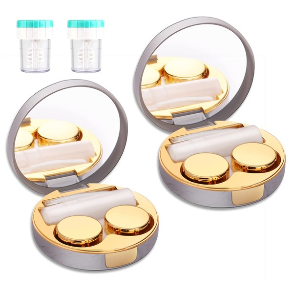 TreaHome Kit de estuche para lentes de contacto, paquete de 2 fundas para lentes de contacto, con soporte para lavadora, pinzas para quitar herramientas, botella para uso diario al aire libre (dorado)
