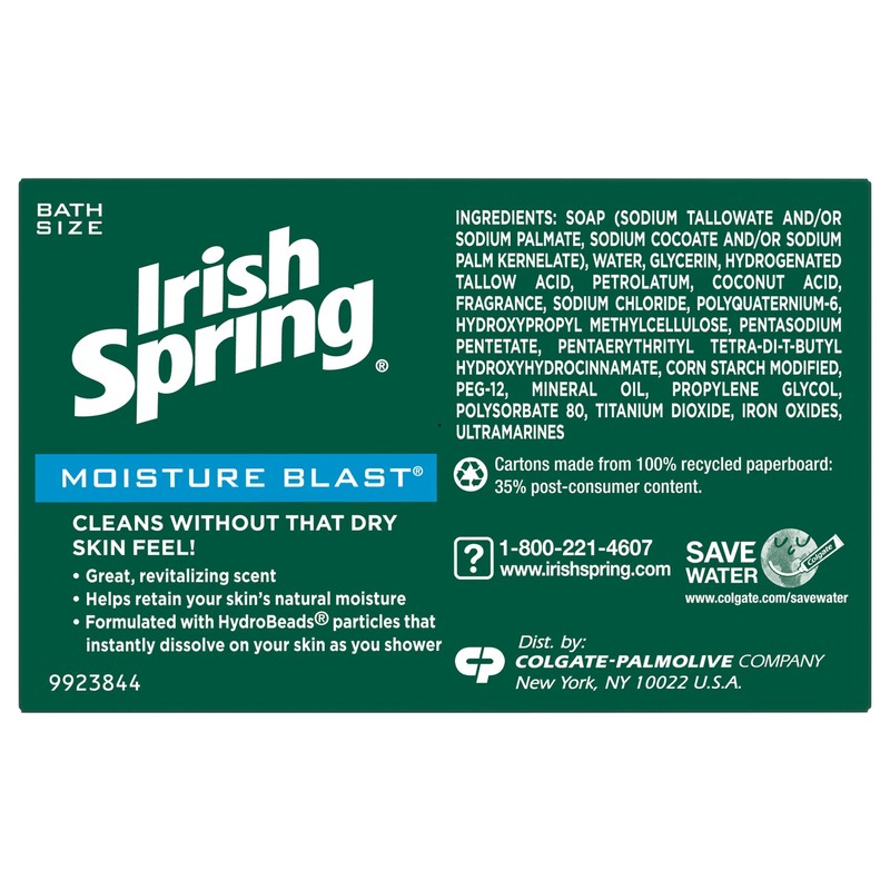 Irish Spring Moisture Blast, Moisturizing Bar Soap, 3.7 Ounce, 12