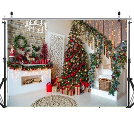 AIIKES 8x6FT Christmas Trees Backdrop Fireplace Christmas Wreath Photography Background Indoors Fireplace Gift for Xmas Tree Party Decor Supplies Photo Backdrops Banner Studio Booth Props 11-752