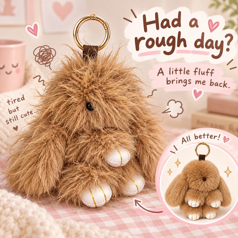 Fluffy Bunny Keychain for Bags & Keys – Messy or