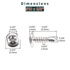 #10 x 5/8" Phillips Wafer Head Sheet Metal Tek Screws (100 pcs), 410 Stainless Steel, Phillips Drive Wafer Head Self Tapping Screws, Fayeploo (with Phillips Driver Bit)