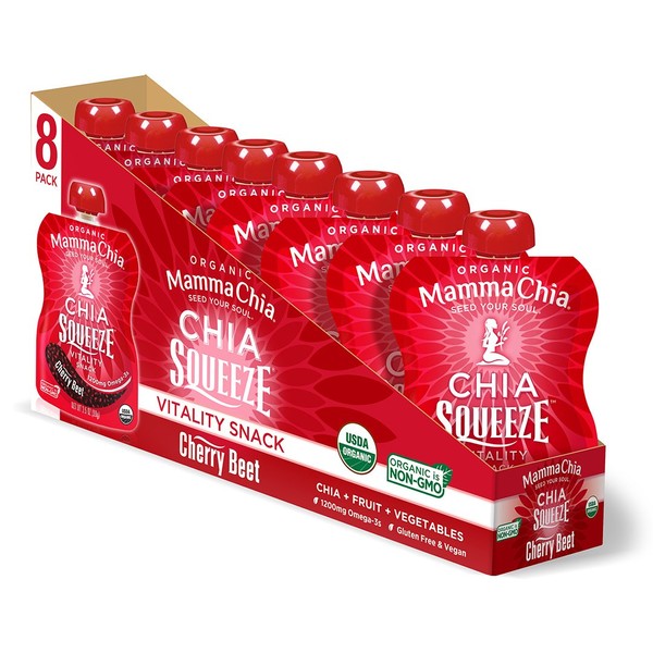 Mamma Chia Squeeze (Cherry Beet) Organic Vitality Pouches, 16 Count, Healthy Snacks, Vegan Fruit and Veggie Puree, Non GMO, Gluten Free, No Added Sugar, 1200mg Omega-3, 3.5oz (Pack of 16)