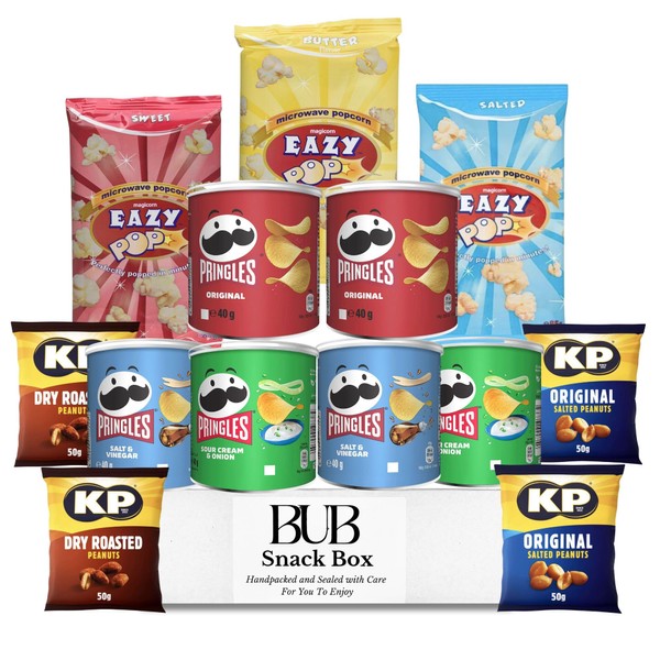 BUB Snack Box : Pringles Multipack with Peanuts and Popcorn - Savoury Snacks Hamper - Movie Night Box - Your Favourite Movie Night Accessories - Perfect Food Parcels for Students & Gifting