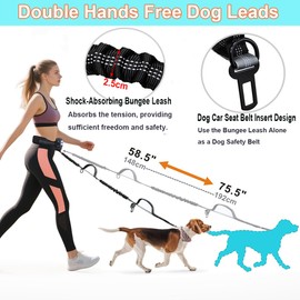 Hands Free Dog Lead, Fiyade Running Dog Leads with Waist Belt, Adjustable Waist Bag 2 Dogs Lead for Running, Safety Harness Buckle, Durable Bungee Walking Leash for Medium Large Dogs up to 50kg