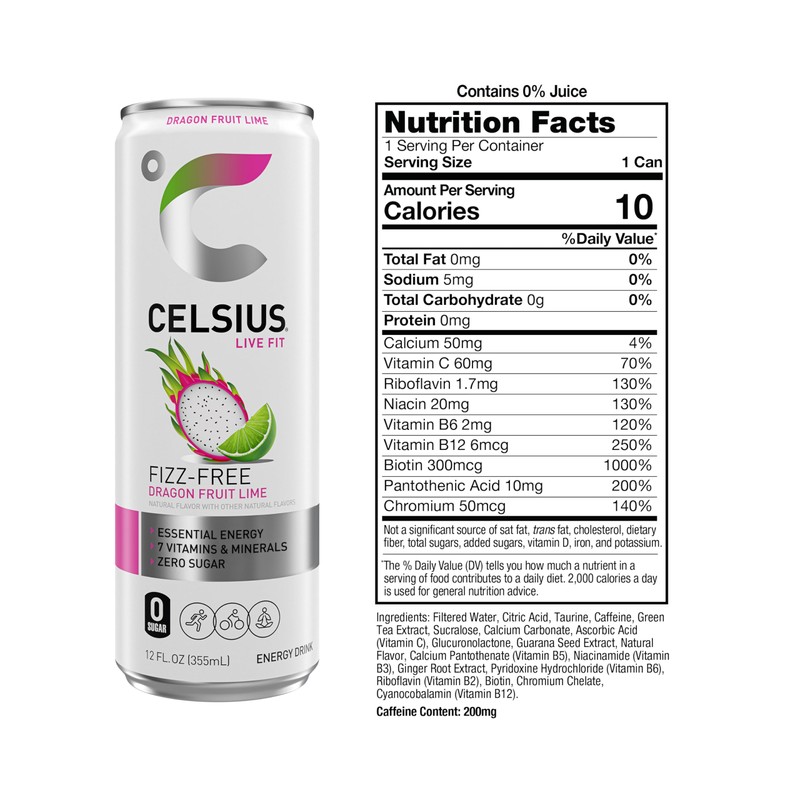 CELSIUS Fizz Free Dragon Fruit Lime, Sugar Free Energy Drink,