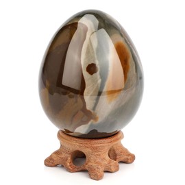 Big Stone Egg Figurine, Polished Healing Crystal 3.6inch Easter Eggs Sphere Sculpture with Wood Stand (Grey)