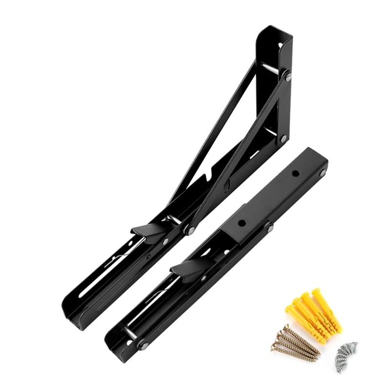 2 x Folding Bracket 200 mm, Black Folding Shelf Brackets,