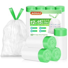AOSULI 12L-15Liter Bin Bags Drawstring Bin Liners with Tie Handle Small White Trash Bags,50 Liners
