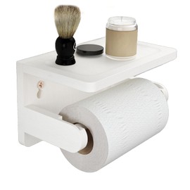 Drill-Free Toilet Paper Holder with Phone Shelf Bamboo Wall-Mounted, No-Drill & Drillable, Bathroom Storage Organizer, Space Saver Tissue Roll Rack for Bathroom, Kitchen, Home Decor (White)