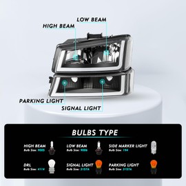 TUSDAR 4pcs U Shape LED DRL For 2003-2006 Chevy Silverado Headlight Assembly 03-06 Avalanche Black Housing Clear Lens with Bulbs