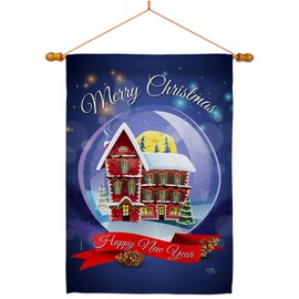 Breeze Decor Winter Home Snowglobe House Flag Dowel Set Christmas Santa Marry Xmas Present Reindeer Season Wintertime Snow Decoration Banner Small Garden Yard Gift Double-Sided, Made in USA