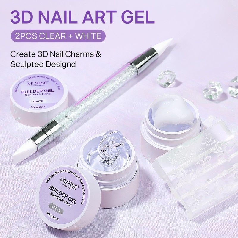 3D Sculpting Gel for Nail Art, 2PCS Clear and White