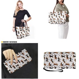 Sannovo 2 Pcs Dachshund Print Handbag and Wallet Set for Women Large Hobo Bag Top Handle Purse Tote Bag Lightweight Satchel Handbags PU Wallet for Party Work Shopping, White
