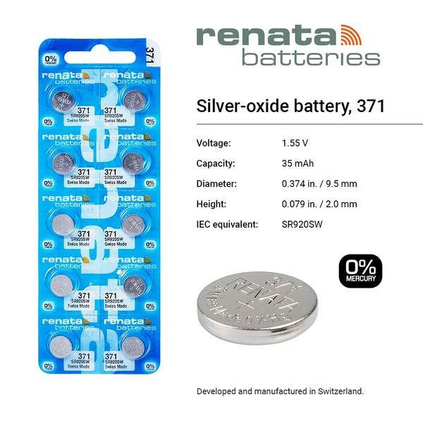 Renata Watch Battery Swiss Made Renata 371 or SR 920 SW 1.5 V (1 Battery, 371 or SR 920 SW)