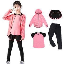 HYJEAL Kids' Sportswear, Girls, Yoga Wear, Training Wear, Running Wear, Top and Bottom 4/5 Piece Set, Fitness Jersey, Stretchy, Breathable, Sweat Absorbent, Quick Drying, Long Tights, Hoodie, Short