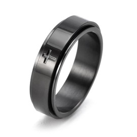 6mm Stainless Steel Cross Spinner Band Ring Stress Relief Christian Jesus Christ Lord Prayer Rotating Fidget for Men Women Anxiety Religious Engagement Wedding Jewelry-Black 9