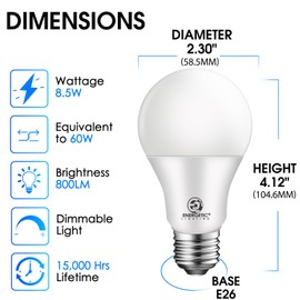 E ENERGETIC LIGHTING Dimmable LED Light Bulbs, 60W Equivalent, Daylight 5000K, 8.5W 800 Lumens LED Bulbs, E26 Base Standard Light Bulbs, ETL Listed, 20 Packs