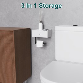 Busidhji Wooden Toilet Paper Holder with Shelf, Rustic Adhesive Bathroom Toilet Paper Holder Wall Mount with Storage, Farmhouse Toilet Tissue Holder with Wipes Dispenser (White)