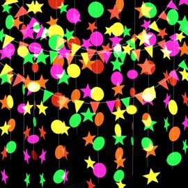 GLOBALDREAM Neon Paper Garland, 4.4m Neon Star Garland Round Paper Garland Triangle Flags Hanging Garland for Birthday Party Wedding Decorations