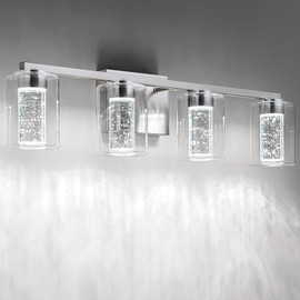 SineRise 4-Light Brushed Nickel Vanity Light with 3 Color Modes (3000K/4000K/6000K), Eye Protection LED Bathroom Light Fixture, Dimmable Modern Wall Light Over Mirror with Clear Glass Shade