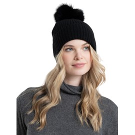 Alashan Cashmere 100% Cashmere Luxe Ribbed Fox Pompom Hat - Black (Ebony)