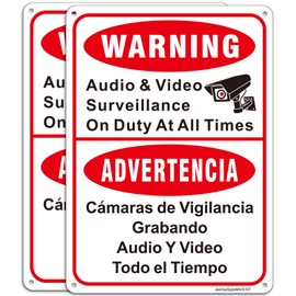 2 Pack Video Surveillance Sign, Camera on Duty at All Times Bilingual Sign, 10"x7" English Spanish Surveillance by Video Camera Aluminum Signs, Weather & Fade Resistant, UV Protected, Easy Mounting