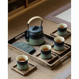 ZENS Vintage Japanese Tea Set with 4 Tea Cups, 33.8 oz Embossed Ceramic Loose Leaf Teapot with Built-in Strainers for Tea Steeper, Hemp Rope Handle Gradient Japanese Tea Pot for Tea Lovers Gifts