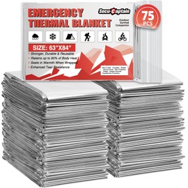 SecuCaptain Survival Emergency Thermal Blankets: 75 Pack Extra Large 84” x63” Space Mylar Blanket Kit for Outdoor Cold Winter Camping Hiking Car Bug Out Bag or First Aid