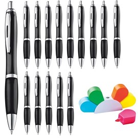 noTrash2003 50 Stück ergonomischer Kugelschreiber Kulis Druckkugelschreiber in trendigen Farben für Gewerbe, Gastronomie, Haushalt, Schule im Sparset mit gratis Textmarker inklusive (Schwarz)