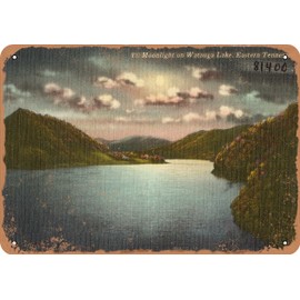 7 x 10 METAL SIGN - Tennessee Postcard - T17. Moonlight on Watauga Lake, Eastern Tennessee - Vintage Rusty Look