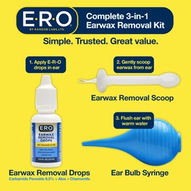 E-R-O Earwax Removal Kit for Complete Ear Care, with Carbamide Peroxide Earwax Removal Drops (0.5 fl oz), Ear Bulb Syringe and Ear Wax Removal Tool with Safety Shield