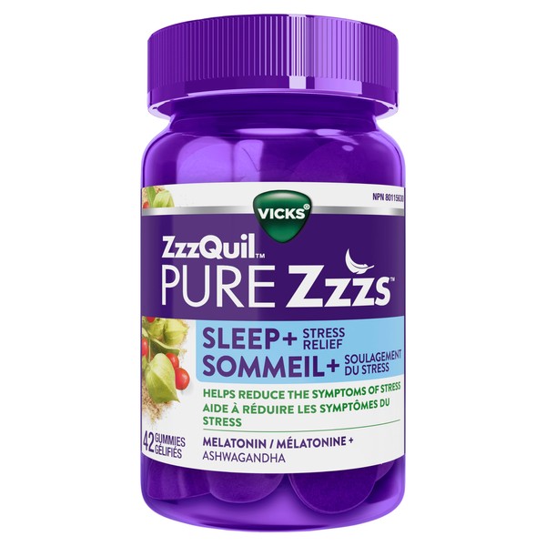 ZzzQuil PURE Zzzs Stress Relief Melatonin Sleep Aid Gummies, Helps Reduce the Symptoms of Stress, Ashwagandha for Stress Relief, Sleep Aids for Adults, 1 mg per gummy, 42 Count