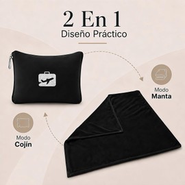 Almohada de Viaje 2 en 1, Cobija de Viaje para Avión (Negro)