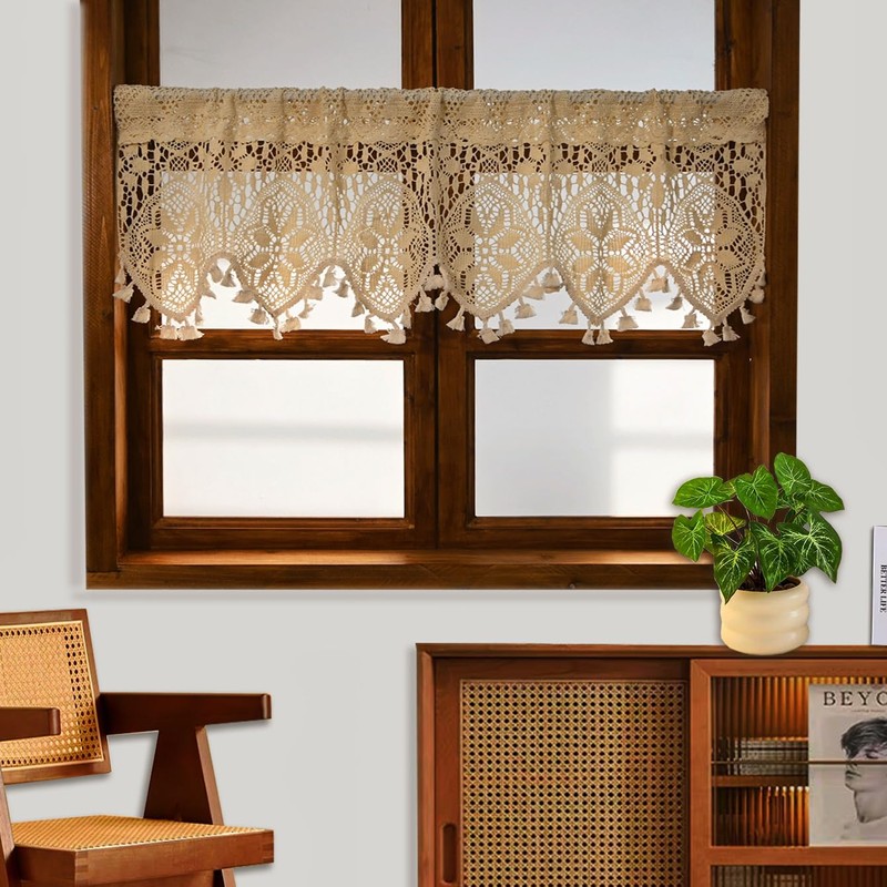Tsinmorn Boho Curtain Valance for Kitchen Dining Farmhouse Crochet Curtain