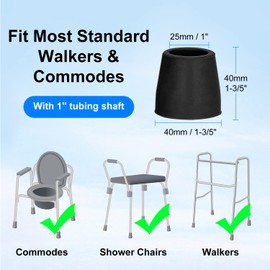 supregear Rubber Ferrules for Zimmer Frames (8 Pcs), 25mm Heavy Duty Replacement Tips for Walkers, Commodes, Shower Chairs, Walking Sticks, Tool Free Rubber Stoppers Caps, Black