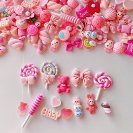 FULUSODO 60pcs Slime Charms Cute Set,Pink Bulk Mixed Resin Charms Set Ornament Scrapbooking