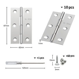 Anstore Pack of 10 Foldable Hinges 66 mm × 42 mm – Door Hinges – Stainless Steel Hinge – Silver Door Hinge for Doors – Windows and Furniture with 60 Screws