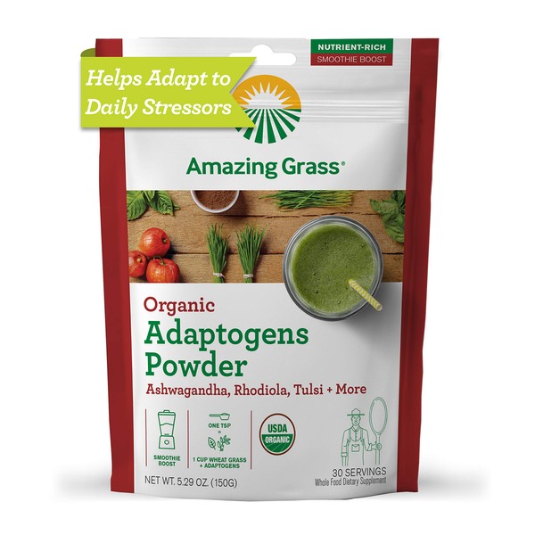 Amazing Grass Adaptogens Booster Smoothie Mix: Greens Powder with Ashwagandha, Rhodiola, Chaga & Tulsi, Smoothie Booster, 30 Servings