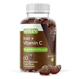 Iron Gummies 20mg + Vitamin C 26mg for Iron Deficiency and Anemia, Supports Energy, Blood Cell Formulation, Blood Builder, Vegan Supplements, Gluten Gelatin and GMO Free, Chewable Grape Gummy Chews