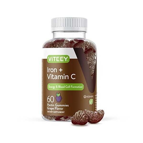 Iron Gummies 20mg + Vitamin C 26mg for Iron Deficiency and Anemia, Supports Energy, Blood Cell Formulation, Blood Builder, Vegan Supplements, Gluten Gelatin and GMO Free, Chewable Grape Gummy Chews