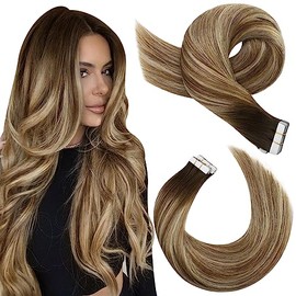 Moresoo Ombre Tape in Hair Extensions Balayage Brown and Blonde Human Hair Extensions Tape in 50g Thick Real Hair Tape in Extensions 20Pcs #4/6/613