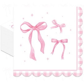 Pack of 50, Pink Ribbon Bow Napkins, Watercolor Bow Design Disposable Paper Napkins for Wedding, Birthday, Bachelorette, Baby Shower, Tea Party, Girls Coquette-Style Supplies, 13x13 Inches Unfolded