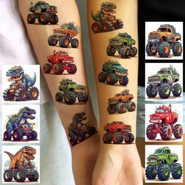 50 Stück Bunt 3D Monster Truck Temporäre Tattoos Kinder Jungen, Dinosaurier MonsterTruck klebetattoos Tattoos zum Zufkleben Fake Tattoo Aufkleber Körper, Gesicht Party Geschenk Zubehör Accessoires