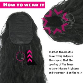 LEOSA Long Curly Wavy Black Drawstring Ponytail Extension for Women Long Wavy Drawstring Ponytail Synthetic Hairpieces Natural Curly Clip in Fake Pony Tails for Black Women Daily Party Use 1B