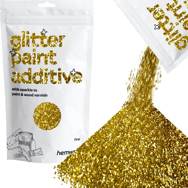 Hemway Glitter Paint Additive Crystals for Acrylic Emulsion Paint, Interior & Exterior Walls, Wood, Varnish, Matt, Gloss, Furniture 100g / 3.5oz - Fine (1/64" 0.015" 0.4mm) - Gold
