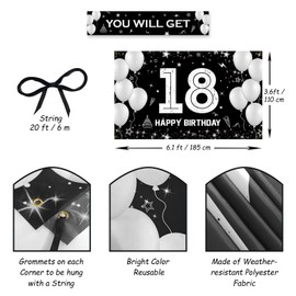 HTDZZI Happy 18th Birthday Decorations for Boys Girls - Fabric 18 Birthday Backdrop Banner, Yard Sign, Photo Props Background - Black White Silver Birthday Party Decor Supplies for Men Women