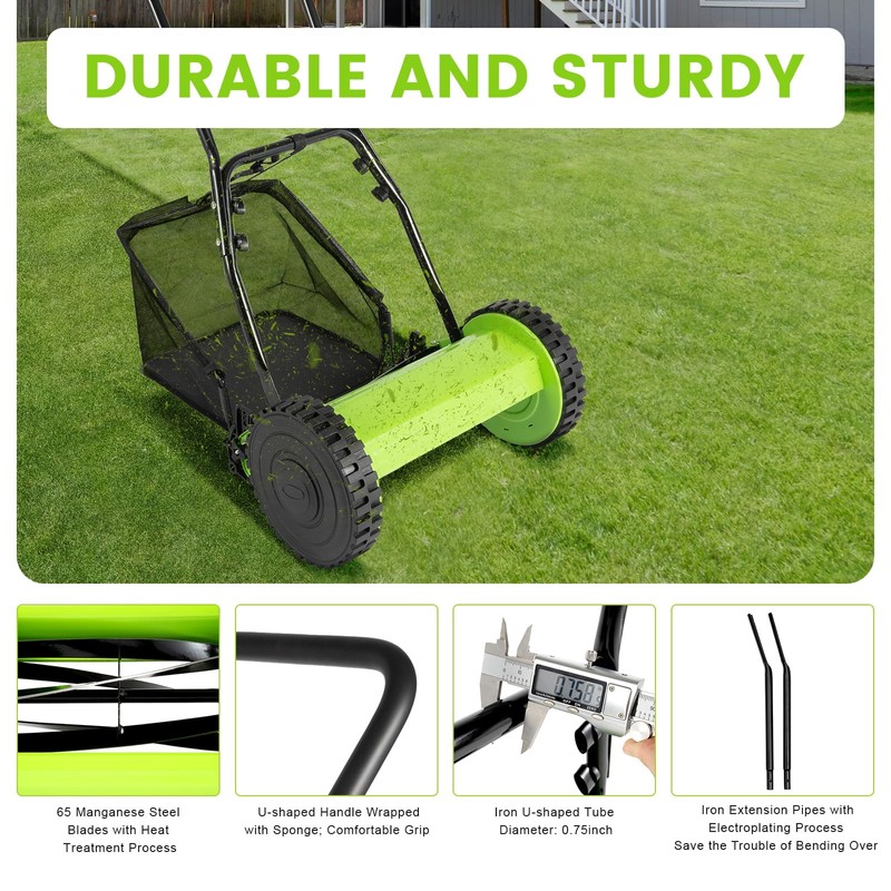 RustyVioum 12-Inch Push Lawn Mower, 5-Blade Dual Wheel Reel Lawn